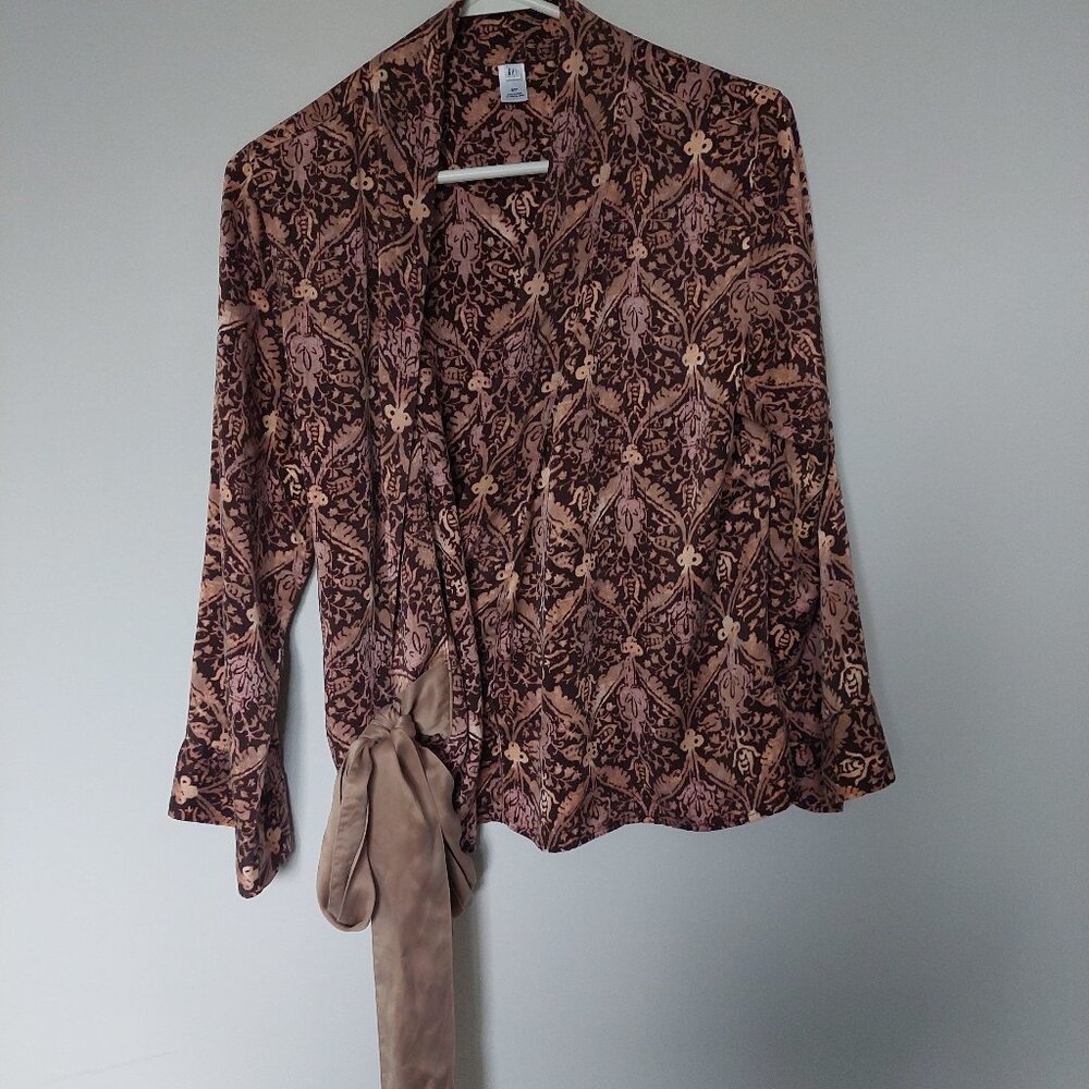 Gap 100% Silk Fitted Wrap Brown Blouse, Size Small Waist-tie Closure